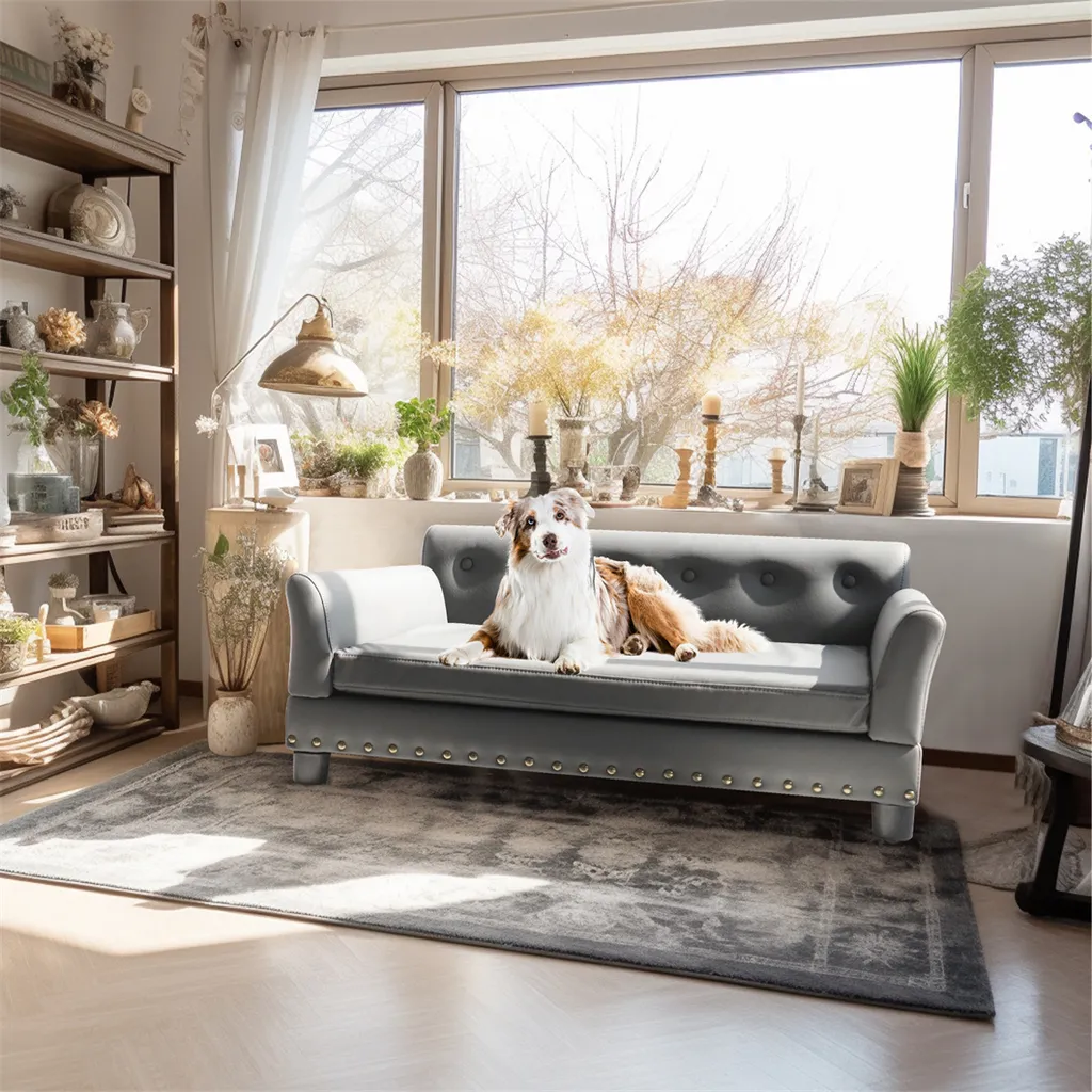 WISFOR Sofa chien 96x72x40cm - Tapis chien dossier surélevé, gris - 7