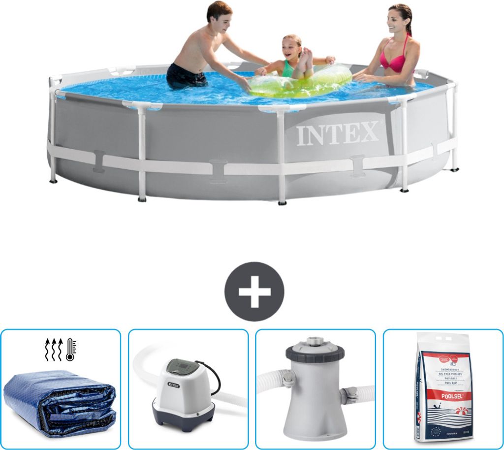 Intex-Schwimmbecken mit rundem Prismenrahmen – 305 x 76 cm – Grau – im Lieferumfang enthalten Sonnensegel - Salzwassersystem - Filterpumpe f...