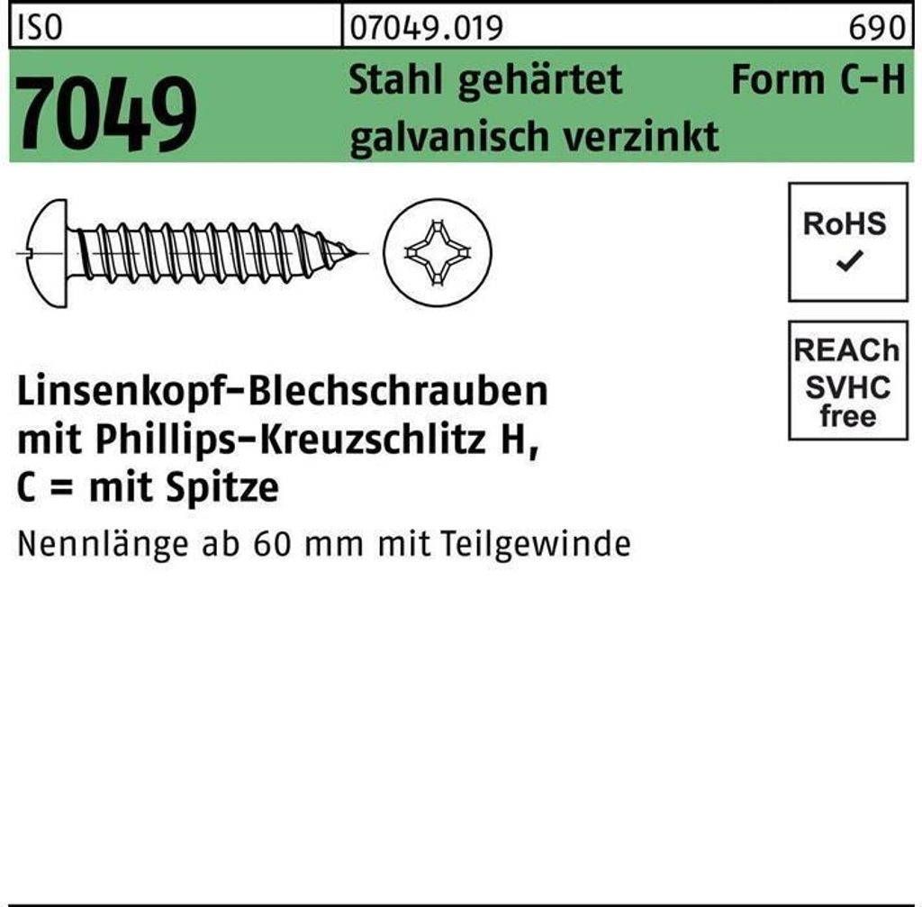 Reyher Blechschrauben DIN 7981 St. 3,5x16 -C-H vz (100 Stück)