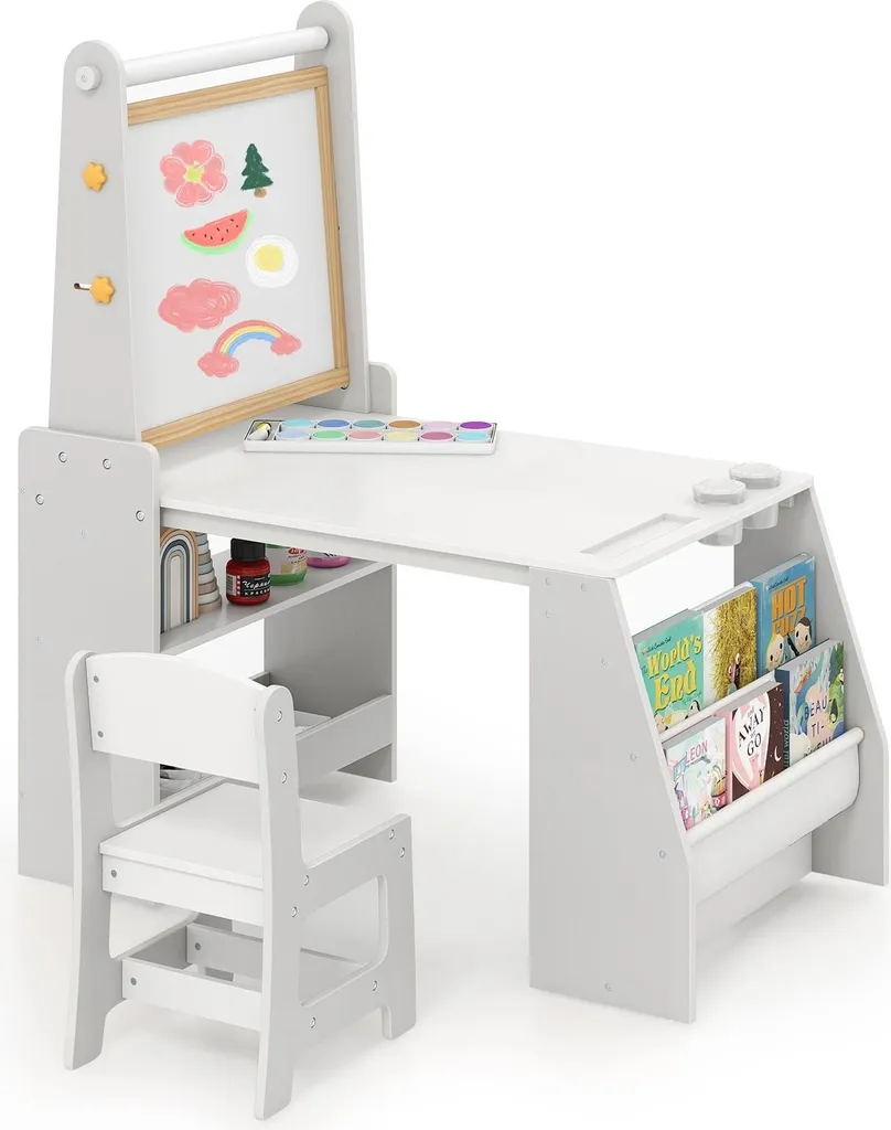 Ensemble table et chaise pour enfants avec chevalet intégré Gris - Modèle LUDO