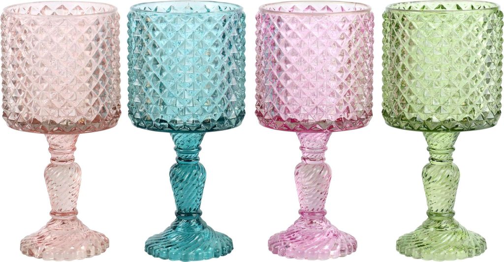 FURNARO Glaspokale Floraison 4er-Set aus buntem Glas, 29cm hoch, dekorativ, ideal als Vase oder Kerzenhalter für Frühling und Sommer
