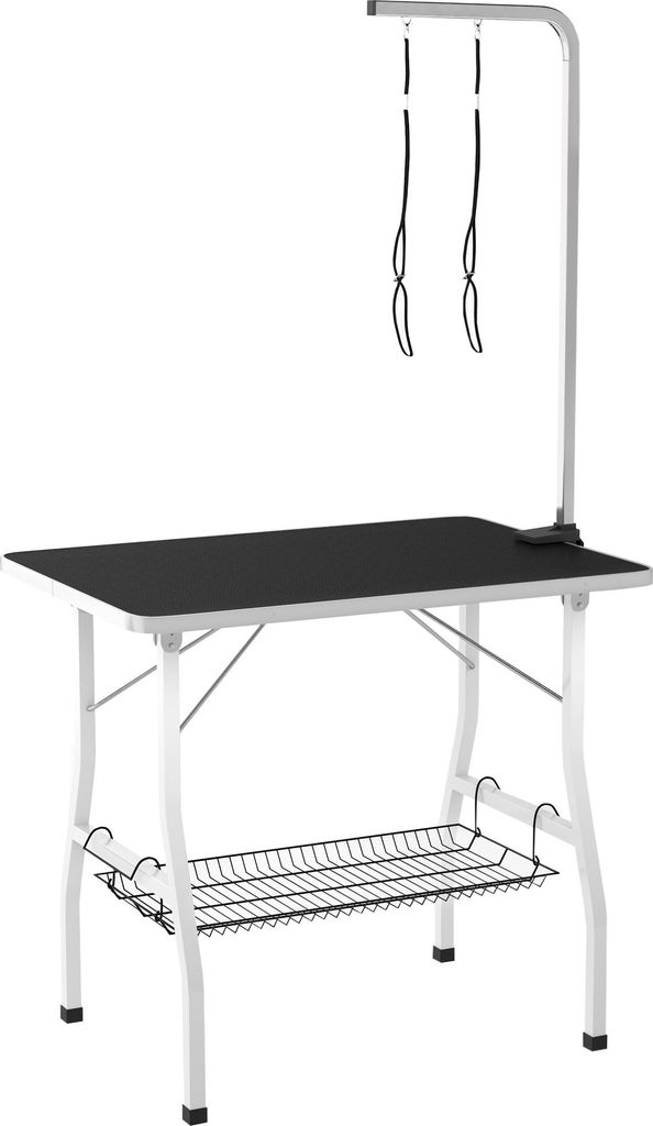 Hundepflegetisch, Frisiertisch mit einstellbarem Arm, Aufbewahrungsfach, Gummioberfläche, 90 x 60 x 76 cm, Schwarz