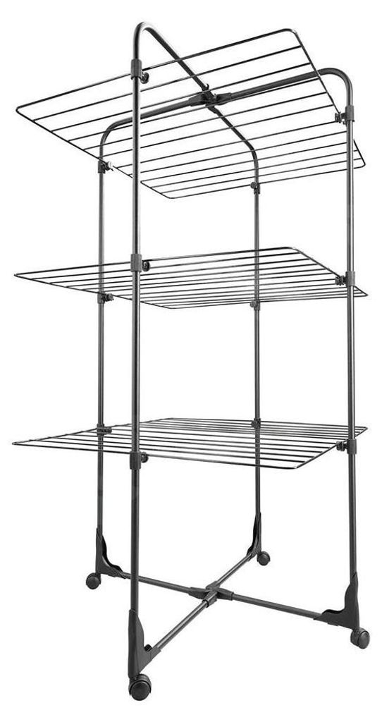 A three-tiered drying rack with wheels.