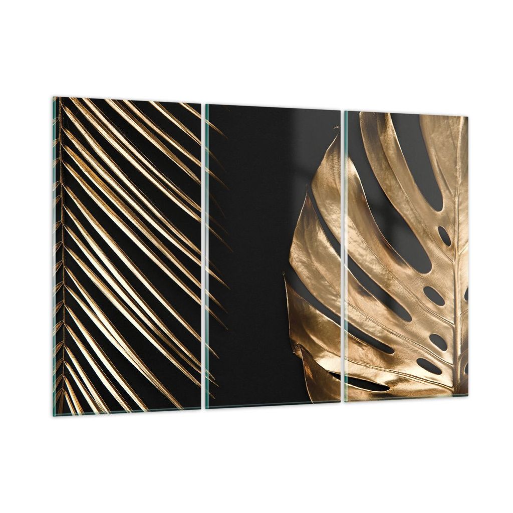 Bilder auf glas - 3 Teile - Golden Blatt Monstera - 165x110cm - Glasbilder - Wandbilder - Bilder - zum Aufhängen bereit - Wanddekoration aus Glas ...