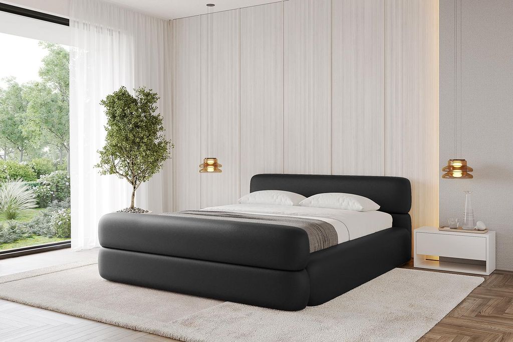 ALTDECOR Polsterbett mit Bettkasten - ENORA-Z-v1 - 160x200 Schwarz Kunstleder - Bett mit Kopfteil und Fußteil, Boxbett ohne Matratze, Doppelbett m...