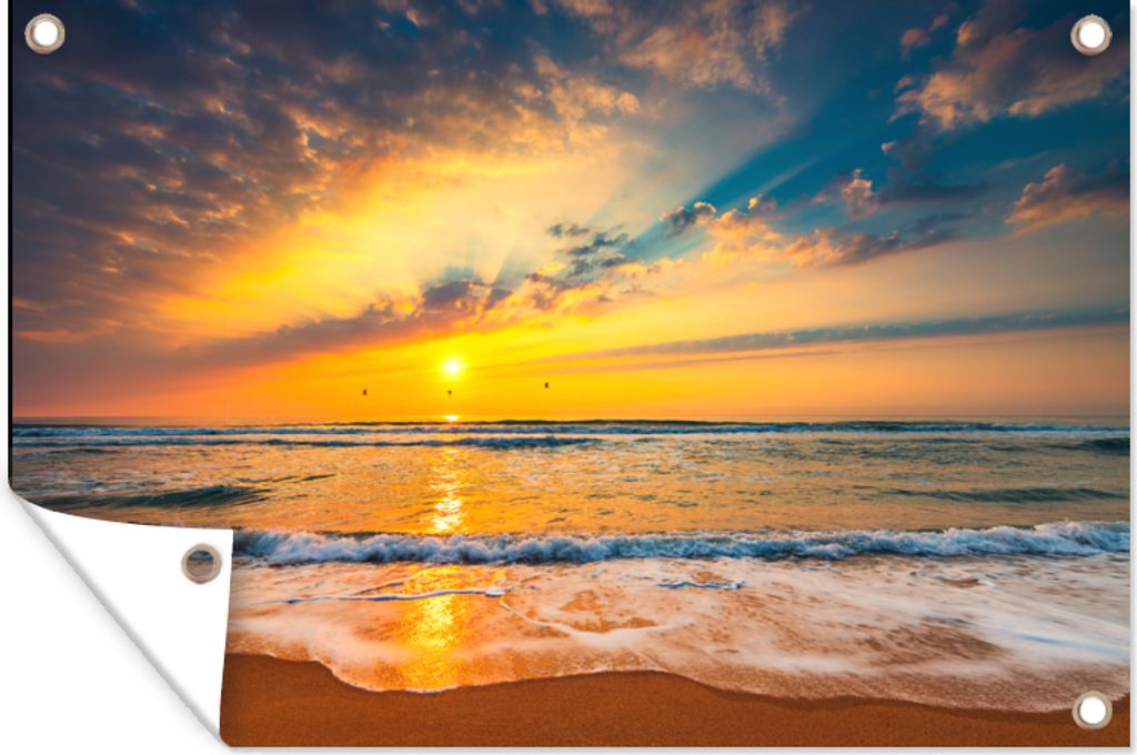 MuchoWow 60x40 cm Outdoor-Poster Gartendeko Sichtschutz Garten Poster für den Garten Sonnenuntergang - Strand - Meer - Wolken - Orange