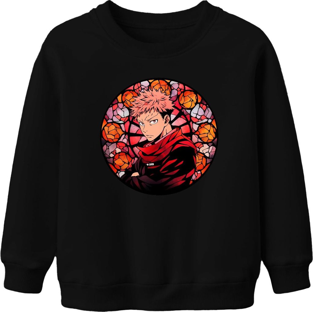 Itadori Jujutsu Kaisen Anime roter Schal Glasfenster Gothic Uni Kinder Sweatshirt Pullover, Schwarz, 116