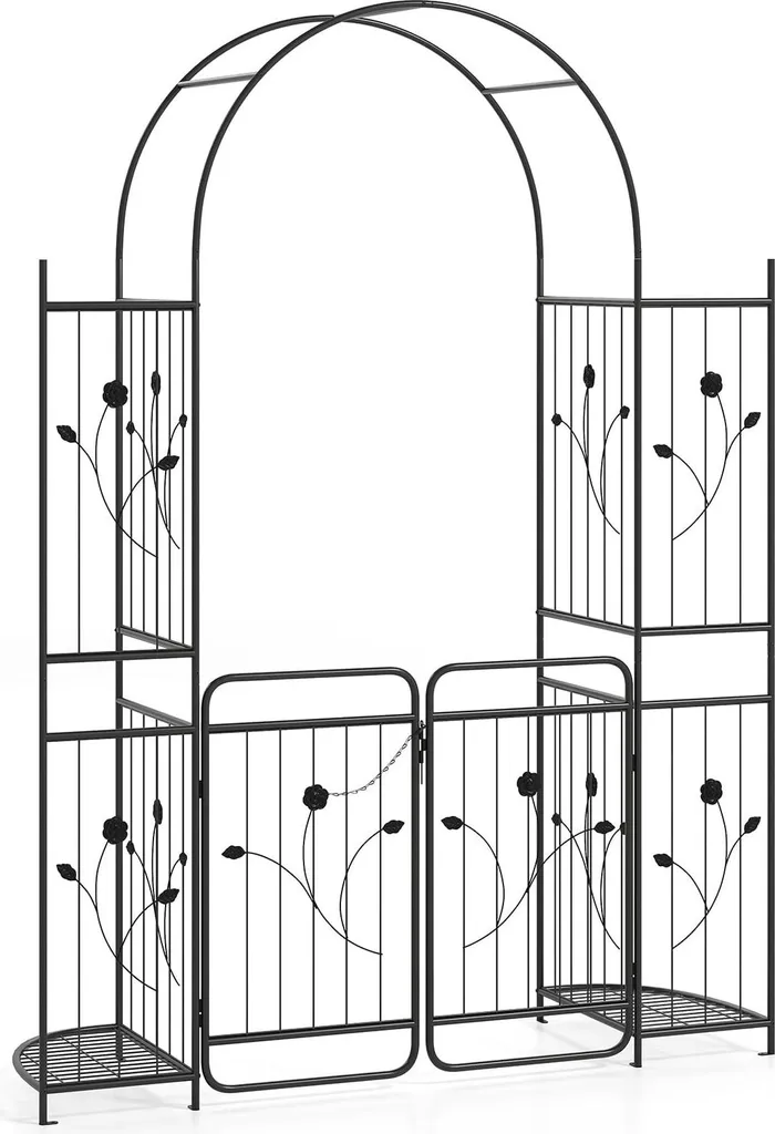 Arche de jardin en métal noire avec portail et étagères à plantes 2m
