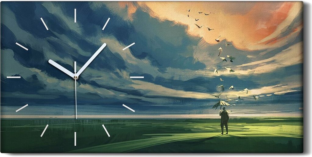 Dekor Leinwand Uhr Wandbilder Quarz 60x30 Mann der einen Regenschirm Malerei - weiße Hände