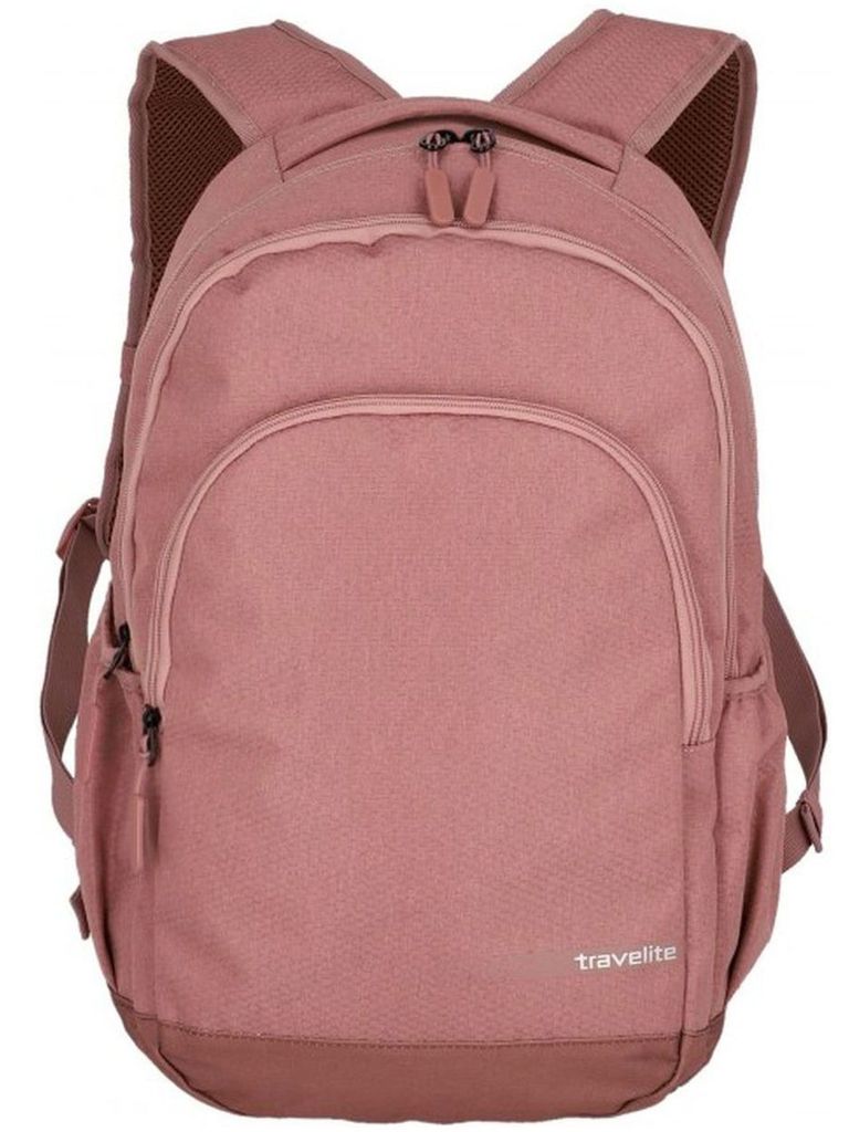 A pink Travelite backpack is shown against a white background.