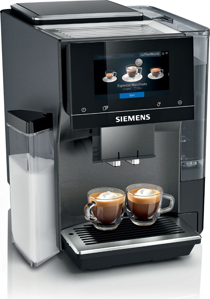 A Siemens coffee machine is shown with two cups of coffee.