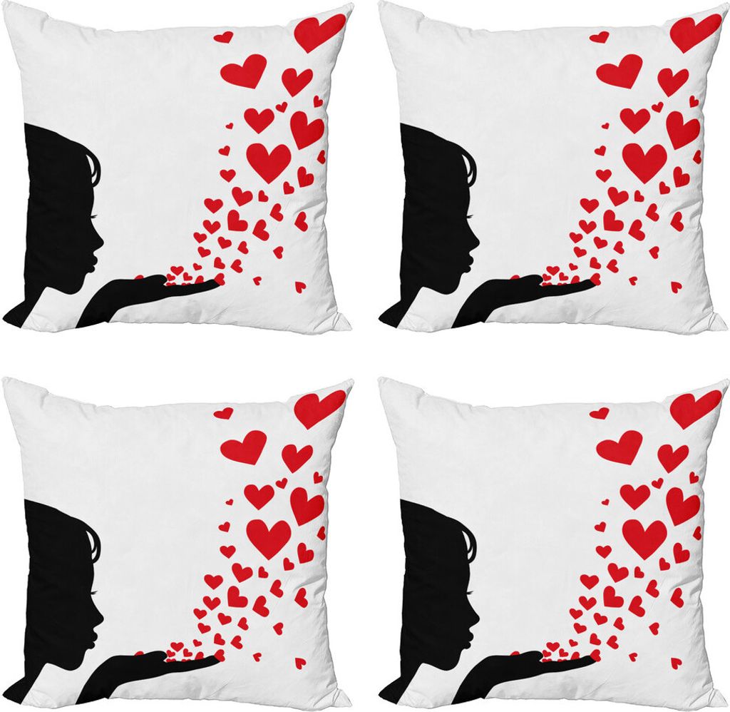 ABAKUHAUS Kuss Kissenbezug Set (4 Stück), Mädchen Silhouette, Moderner Doppelseitiger Digitaldruck, 40 cm x 40 cm, Schwarz Weiß Rot