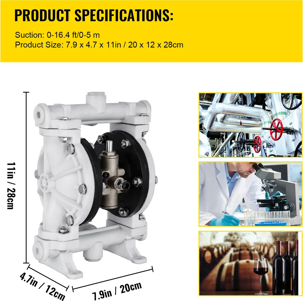 Pompa a doppia membrana ad aria compressa di SucceBuy, ingresso e uscita da 1/2 pollice, corpo in polipropilene, 2,5 GPM e max. 80 PSI, pompa di trasferimento pneumatica a membrana in PTFE per petrolio, diesel, olio e fluidi a bassa viscosità - 7