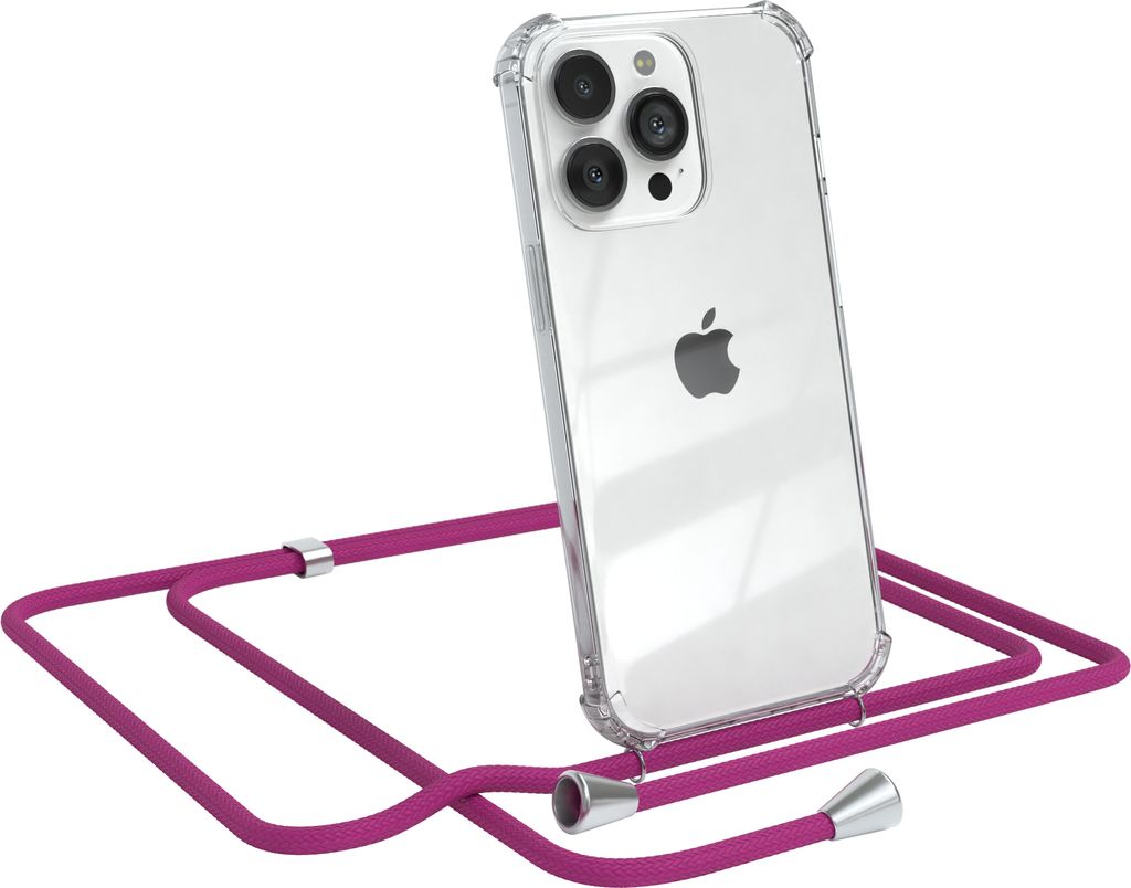 EAZY CASE Handykette kompatibel mit Apple iPhone 13 Pro, Handyhülle mit Umhängeband, Handykordel, Schutzhülle Clear, Band in Rosa