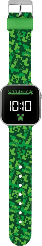 A digital watch with a Minecraft-themed strap and display.