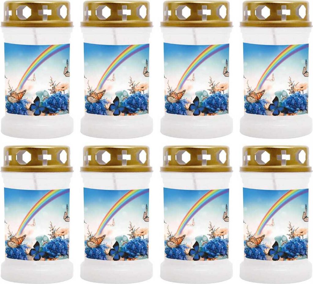 Grabkerze Weiß 8er Pack, Brenndauer: 40 Stunden ( je Kerze ), Motiv: Regenbogen