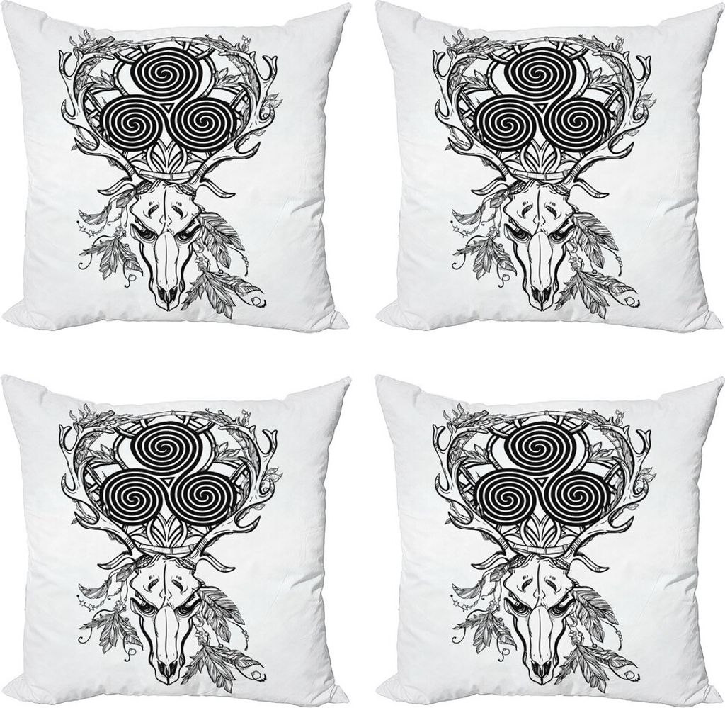 ABAKUHAUS keltisch Kissenbezug Set (4 Stück), Rotwild-Schädel-Feder-Boho, Moderner Doppelseitiger Digitaldruck, 60 cm x 60 cm, Schwarz-Weiss