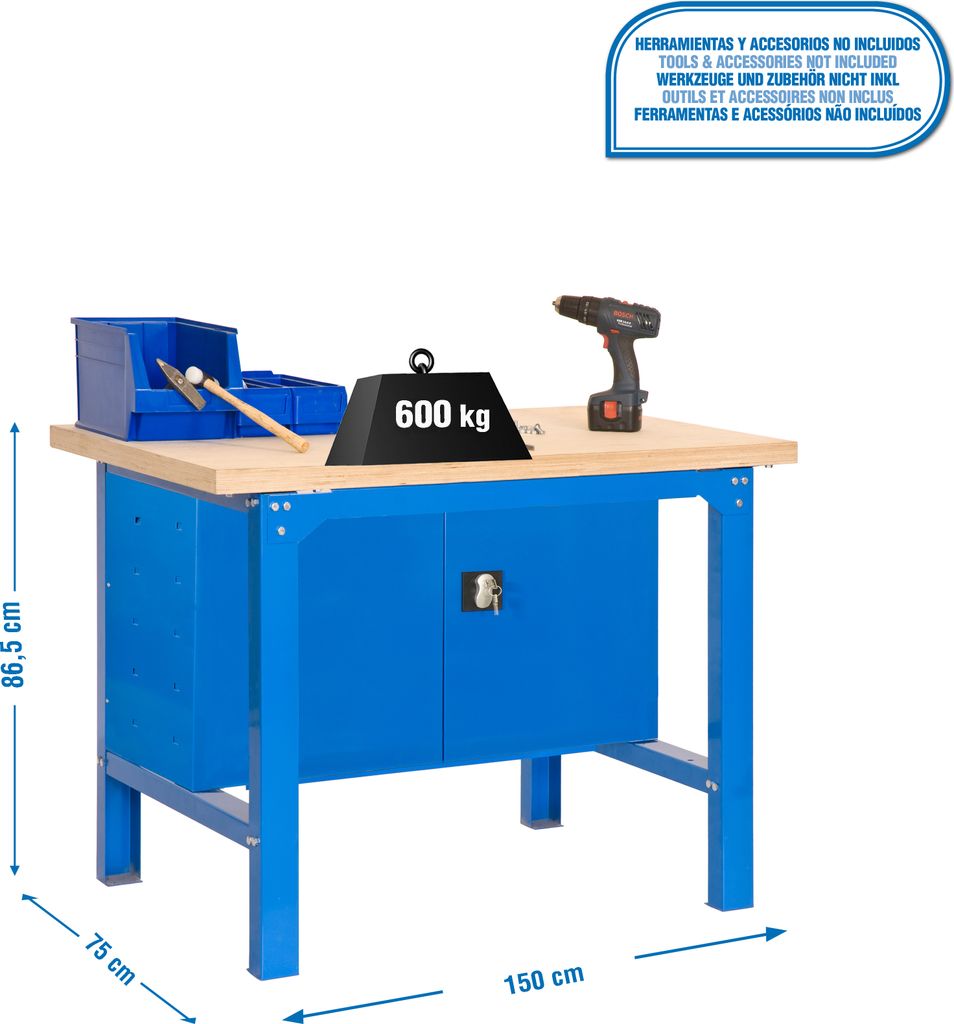 PROREGAL Werkbank BUFFALO WOOD mit Schrank | HxBxT 87x150x75cm | Traglast 600kg | Blau
