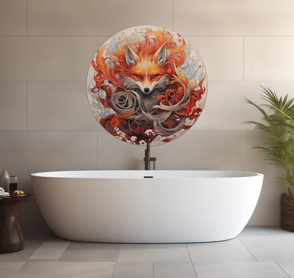 Wallario wasserfestes Poster selbstklebend 90 x 90 cm, Flammenfuchs, Badezimmerposter Spritzschutz mit Hochglanzoberfläche in Glasoptik