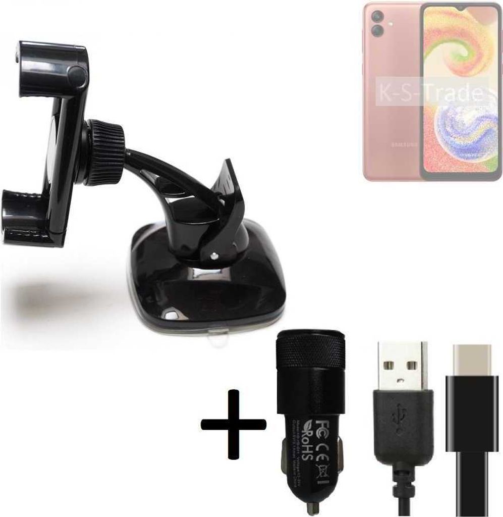 K-S-Trade Handy-Halterung kompatibel mit Samsung Galaxy A04 Windschutzscheibe / Armaturenbrett + LADEGERÄT mit Mico USB Kabel Autohalterung