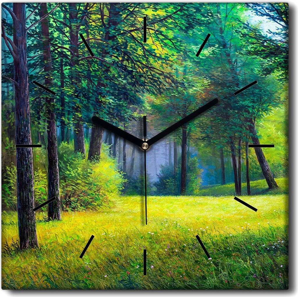 Coloray Uhr auf Leinwand 30x30 cm Wand Uhr Dekoration Wohnzimmer Segeltuch schwarze Hände -Landschaft eines Baumwaldes