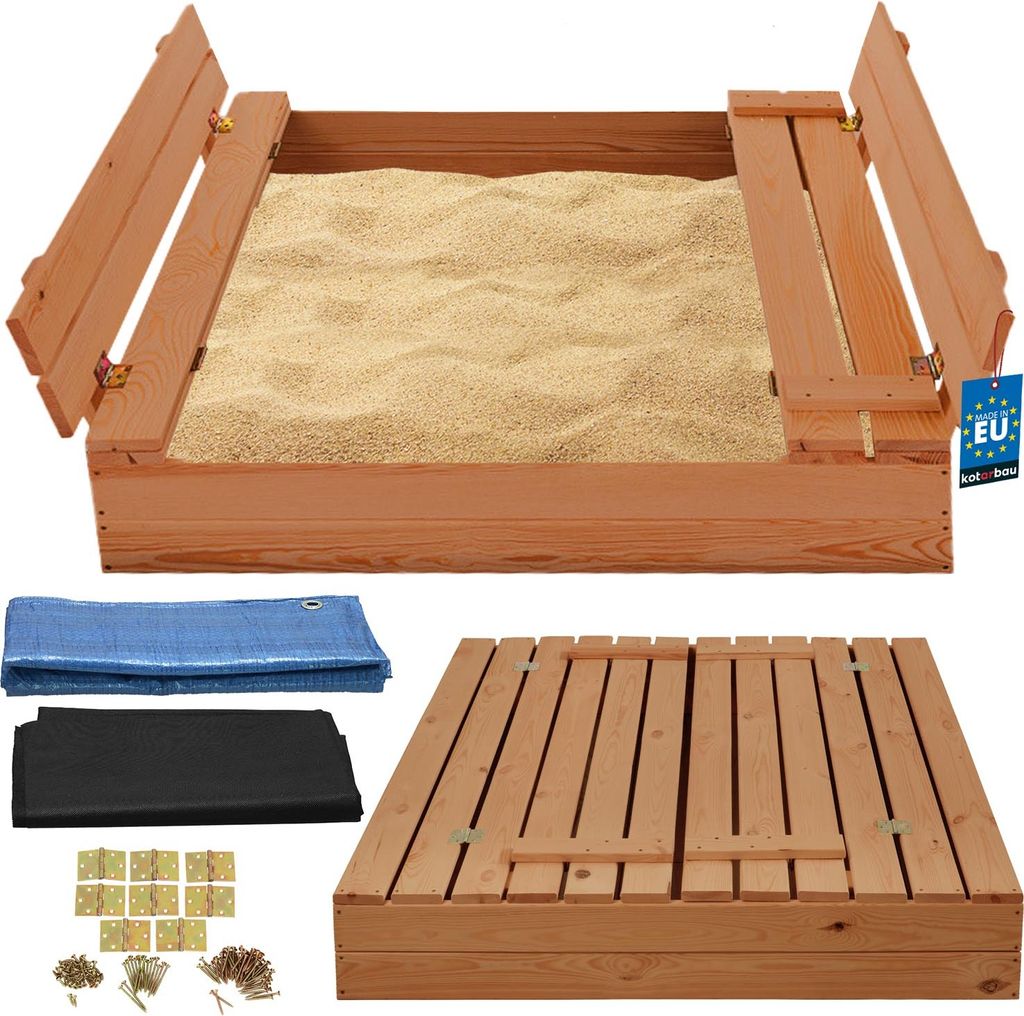 KOTARBAU Sandkasten mit Abdeckung 100 x 100 cm Braun Großer Holzsandkasten Sandkasten mit Sitzbank und Deckel Gartenspielzeug Kinder imprägnier...