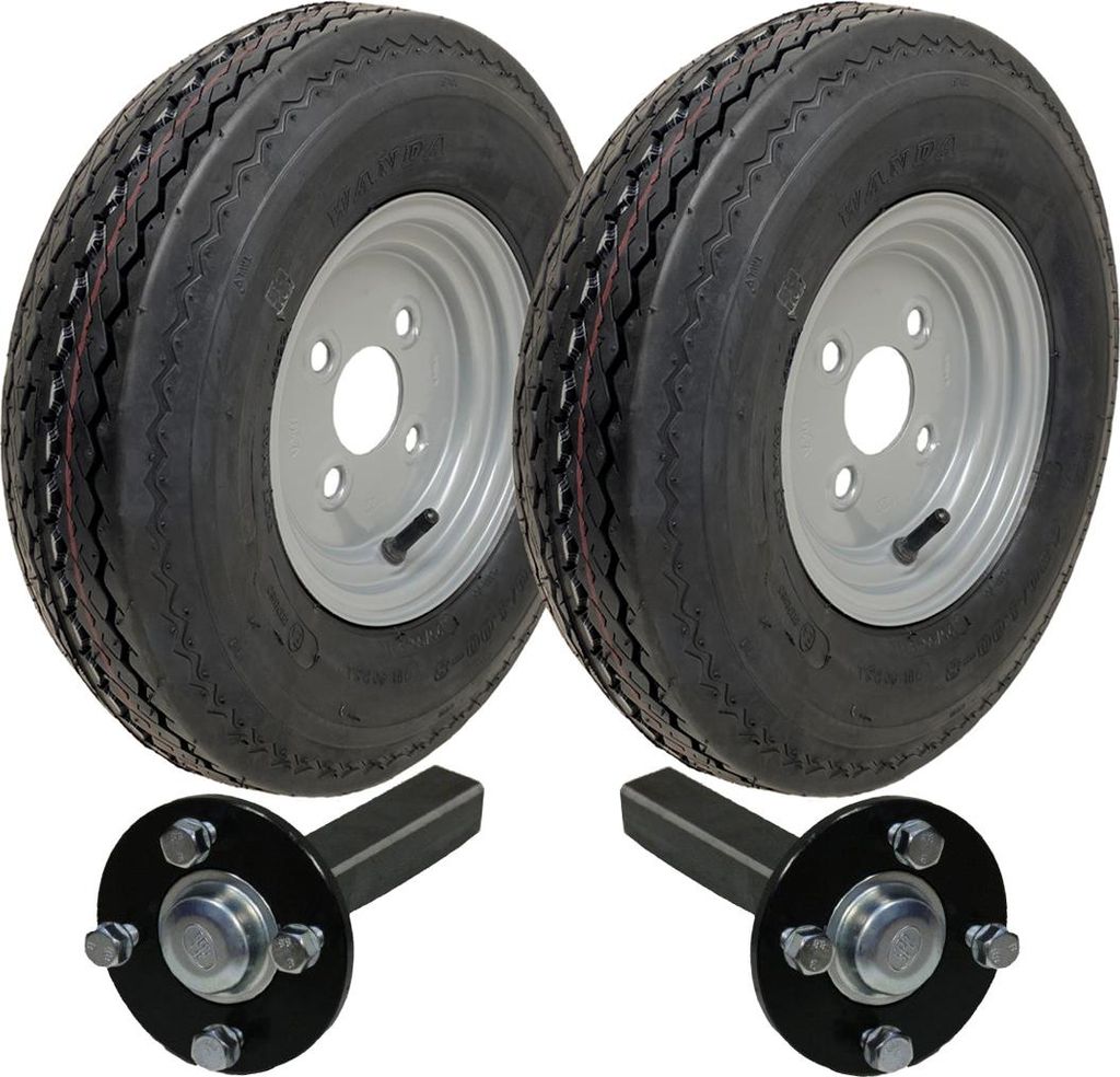 Two trailer wheels with hubs and stub axles against a white background.