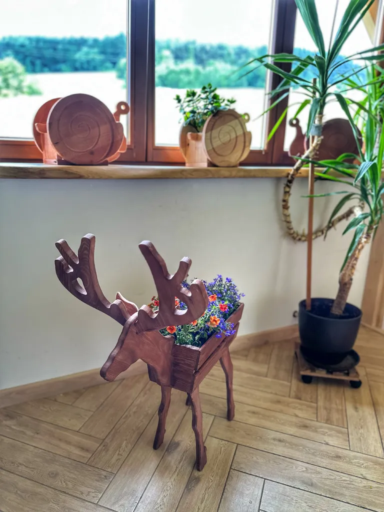 Support de fleurs cerf bois marron - Jardinière sculptée design rustique - 9