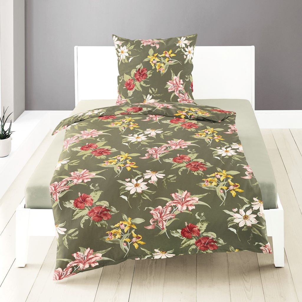 Bierbaum Mako Satin Bettwäsche 135x200cm 2 tlg. Blumenreigen Oliv Grün Rot Gelb