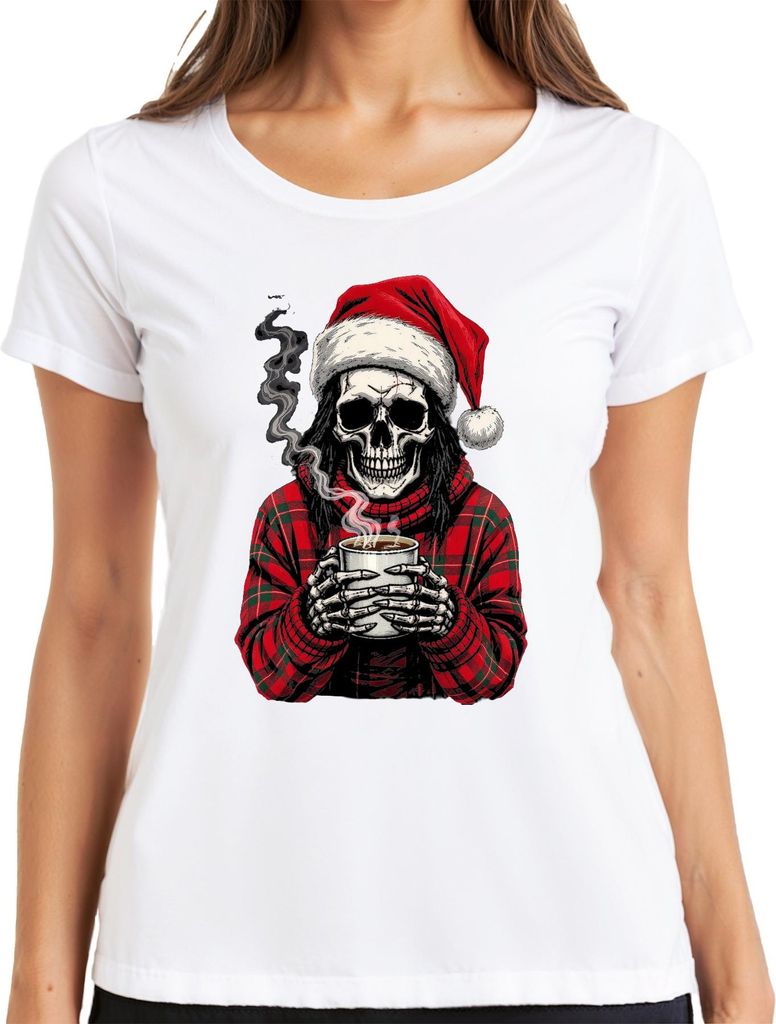 Weihnachtsmann Totenkopf Skelett Kaffee rot Karomuster Gothic Damen T-Shirt, Weiß, XL