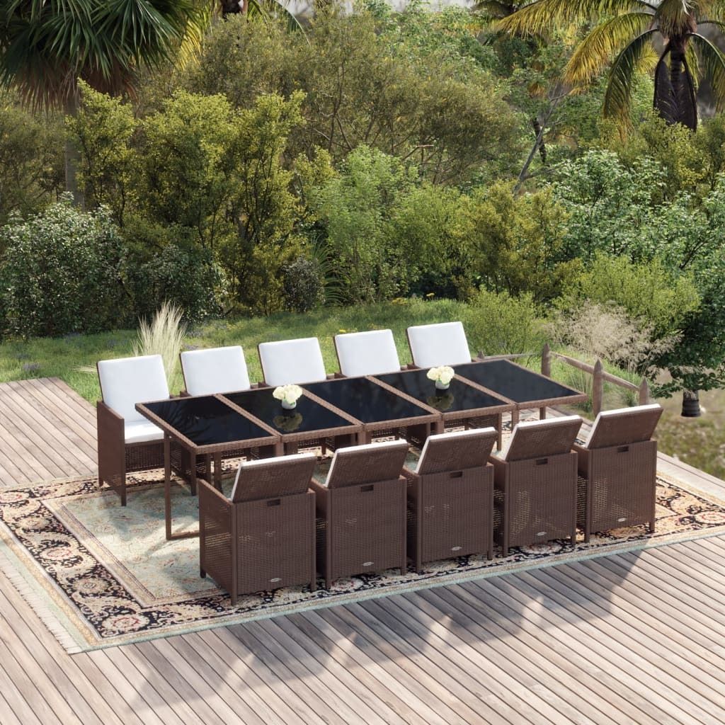 Möbel 11-tlg. Garten-Essgruppe mit Kissen Poly Rattan Braun - Balkonmöbel 3095593