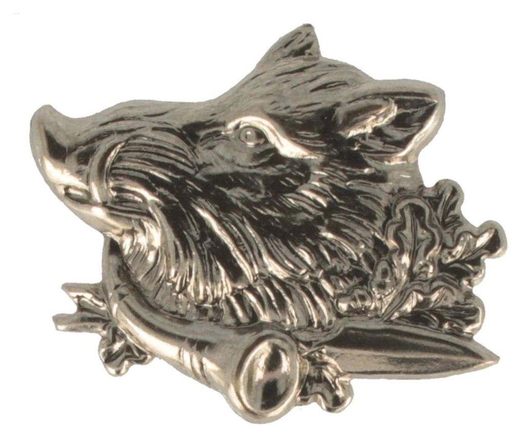 Hutanstecker Wildschweinkopf mit Horn und Eichelblättern von Hut-Breiter in silber