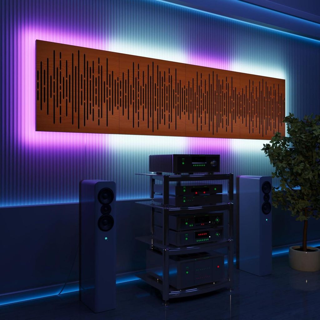 4er-Pack-LED Akustikwandpaneele mit RGB Glow für Echo Control|Schallabsorbierende Paneele mit Backlight|4x WAVE -Grouped|Kirschbaum