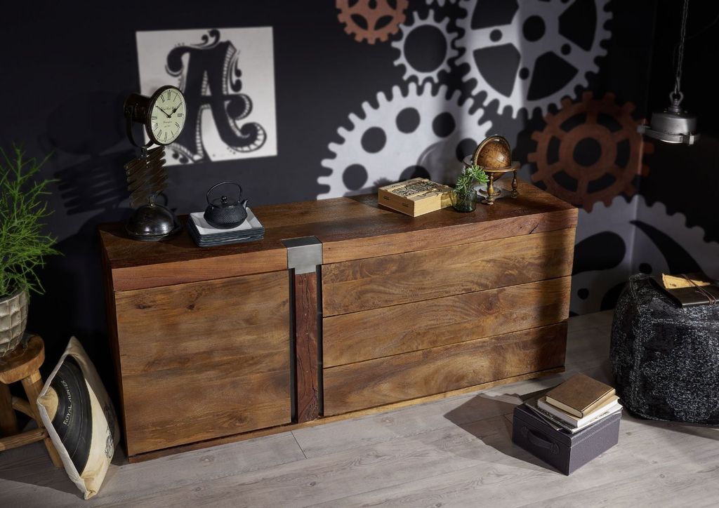 MASSIVMOEBEL24 Sideboard Mango 180x45x75 braun lackiert Amsterdam #11