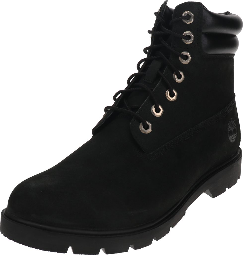 A black Timberland boot is shown against a white background.