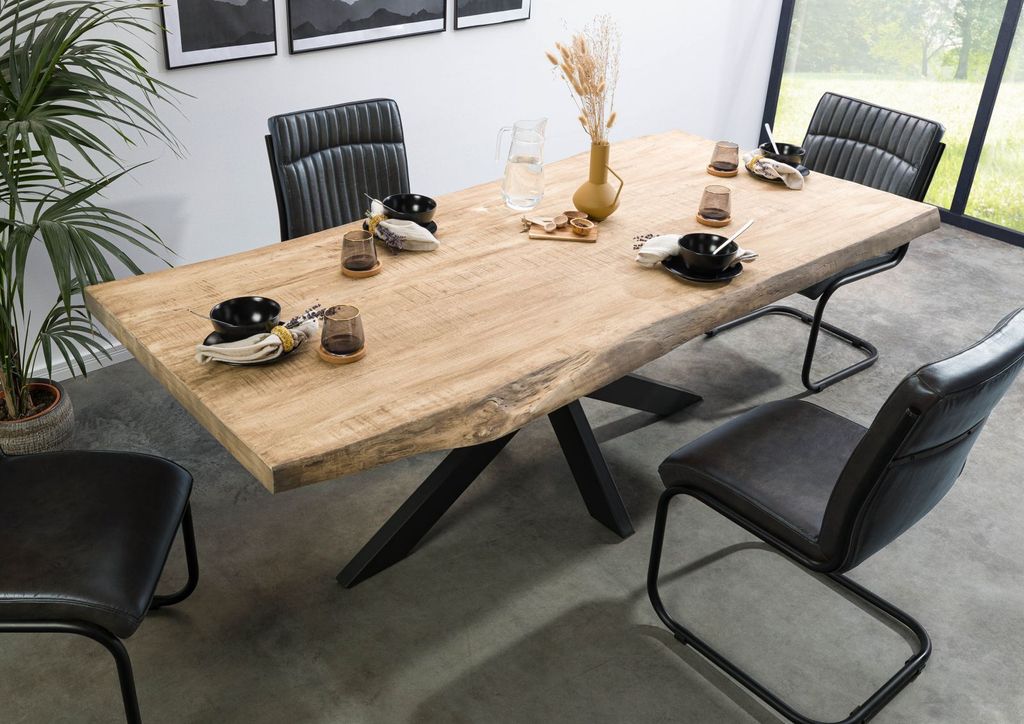 MASSIVMOEBEL24 Baumtisch Mango 200x100x77 beige lackiert / Kreuzgestell anthrazit matt FREEFORM 5