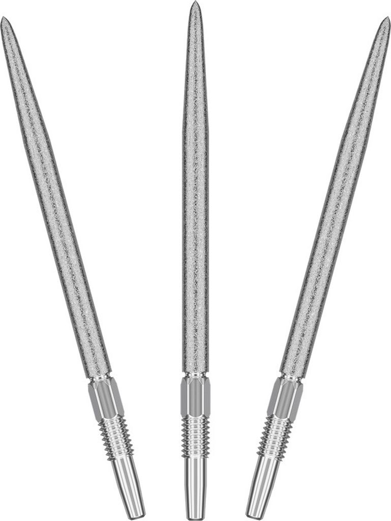 Three silver dart points are arranged in a triangular formation against a white background.