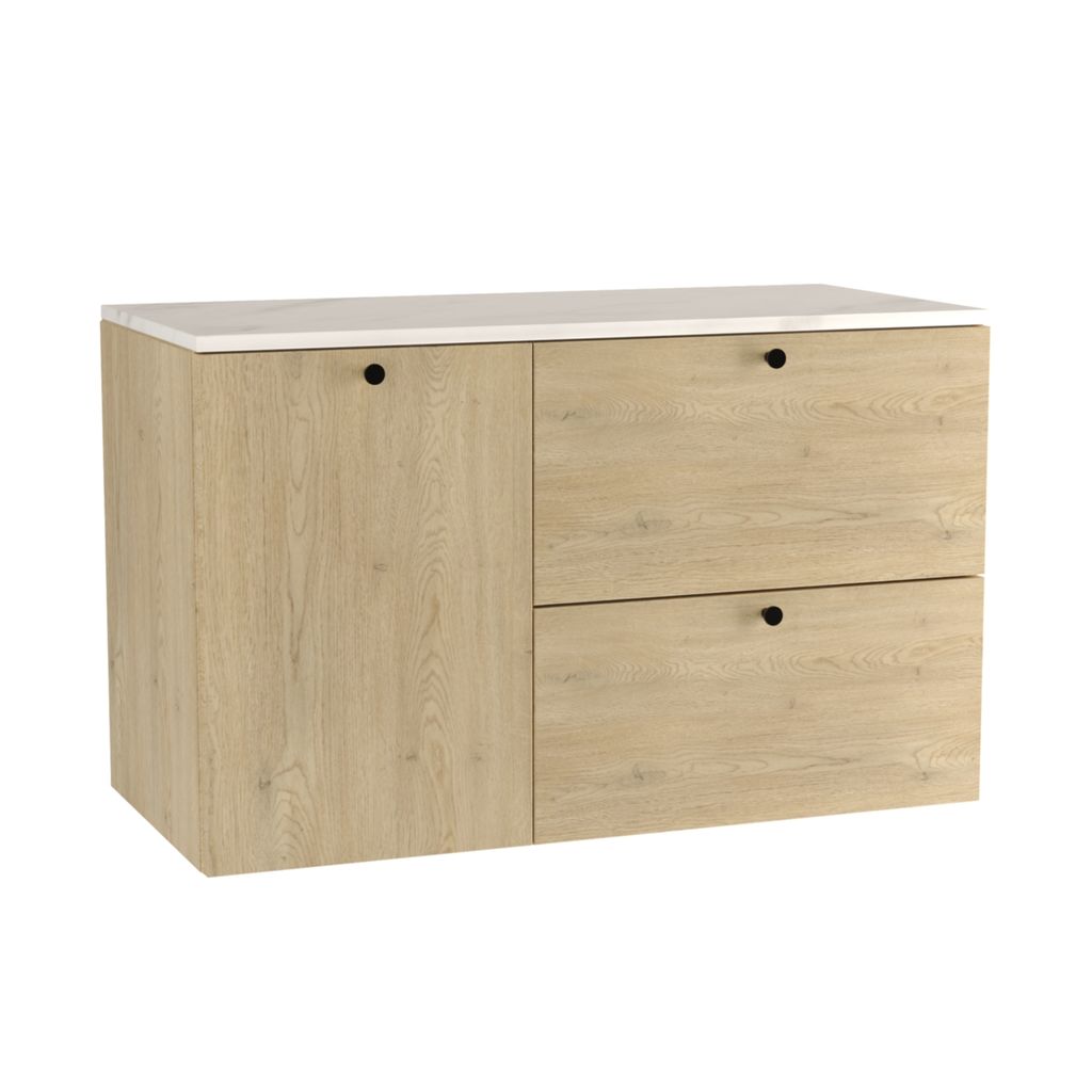 WENA Waschtischunterschrank 100 cm mit Wäschekorb, glatte Fronten, Griffe aus Metall in der Farbe Schwarz (Farbe: Eiche Cremona/Marmur Bianco)