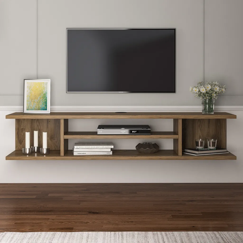 Meuble TV Pivotant Finition Chêne Foncé : Solution Anti-Reflets 47"