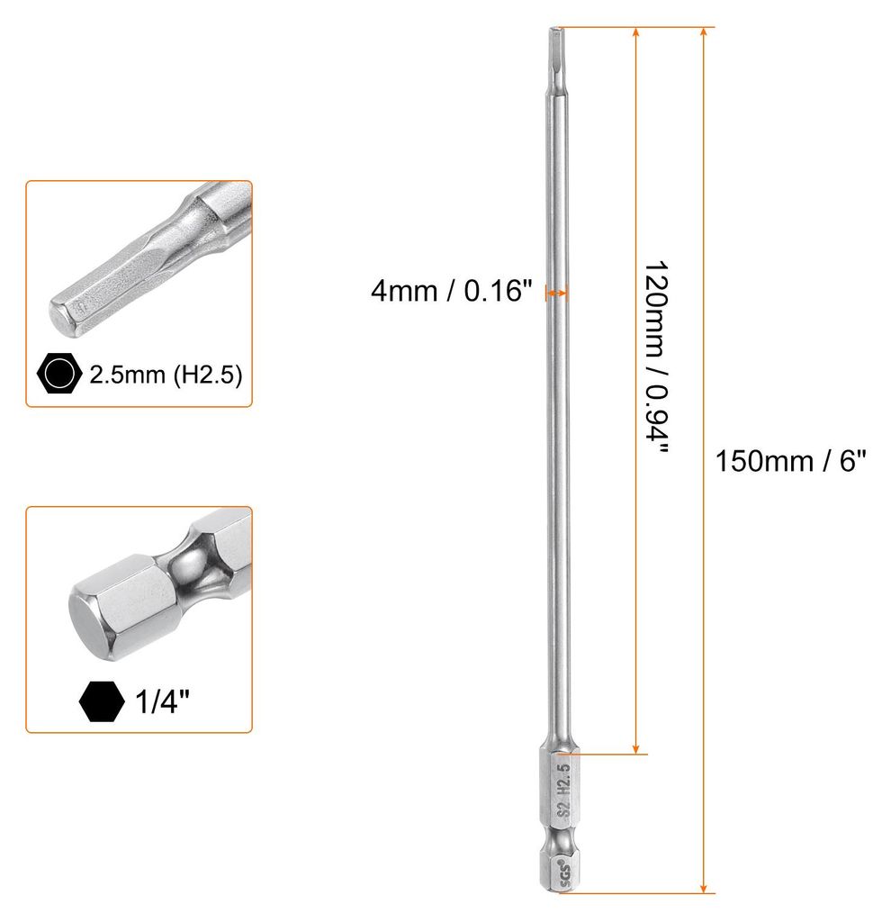 2,5mm(H2,5) Innensechskant Bit Set, Metrisch 150mm Lang 1/4" Sechskant-Schaft Magnetische S2 Stahl Schraubendreher Bits Sechskant Bohrer fš¹r Akk...