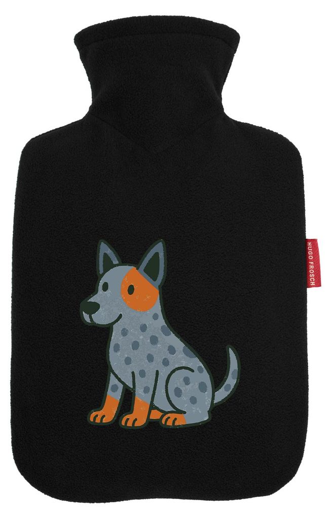 Huuraa Wärmflasche Australian Cattle Dog Comic Heeler 1,8 Liter Black Classic Veloursbezug Bettflasche Geschenkidee
