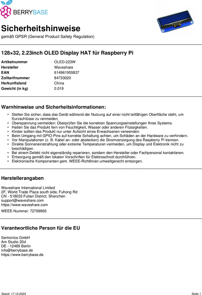 Module OLED 128x32 Haute Résolution 2.23 pouce HAT Raspberry Pi - 10
