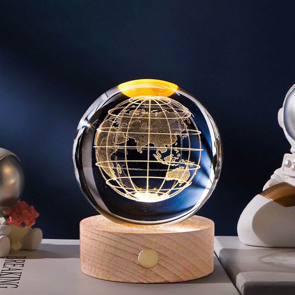 LED-3D-Kristallkugel, 80 mm, wiederaufladbar ueber USB, gravierte Globuskugel aus Glas, Nachttischlicht mit Holzsockel, Astronomie, Lernen, paedago...