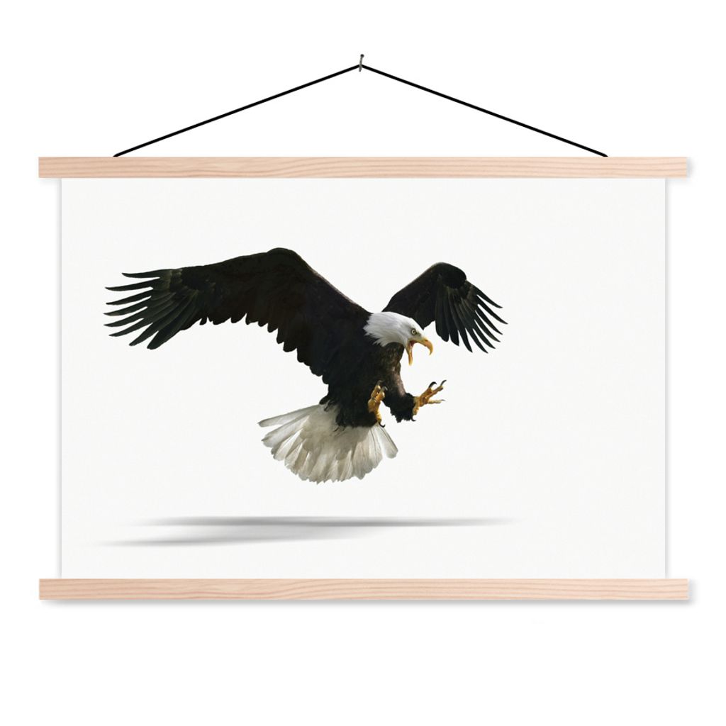 MuchoWow Textilposter Adler - Vogel - Weiß 120x80 cm mit holzfarbenen Rahmen - Aufhängeset