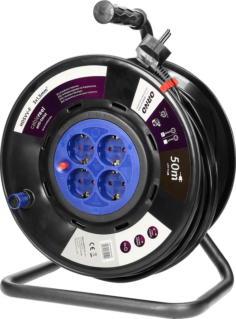 Enrouleur de câble fixe anti-torsion 50m 4 prises sécurité 3200W