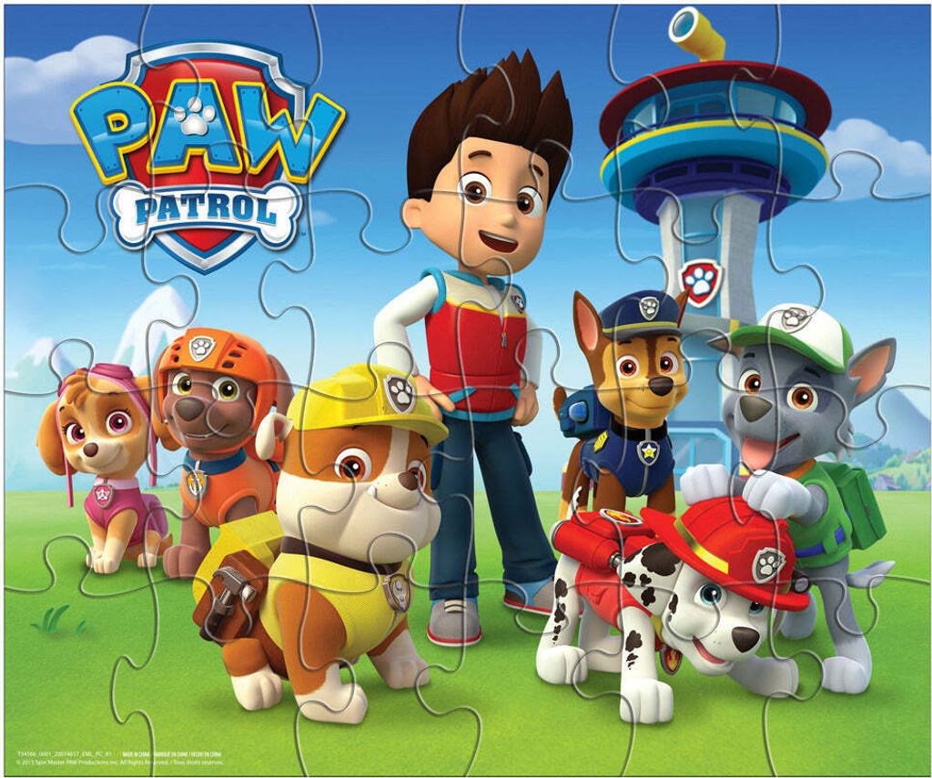 A group of Paw Patrol characters, including Ryder and several pups, are gathered together in a grassy outdoor setting with a tower in the background.