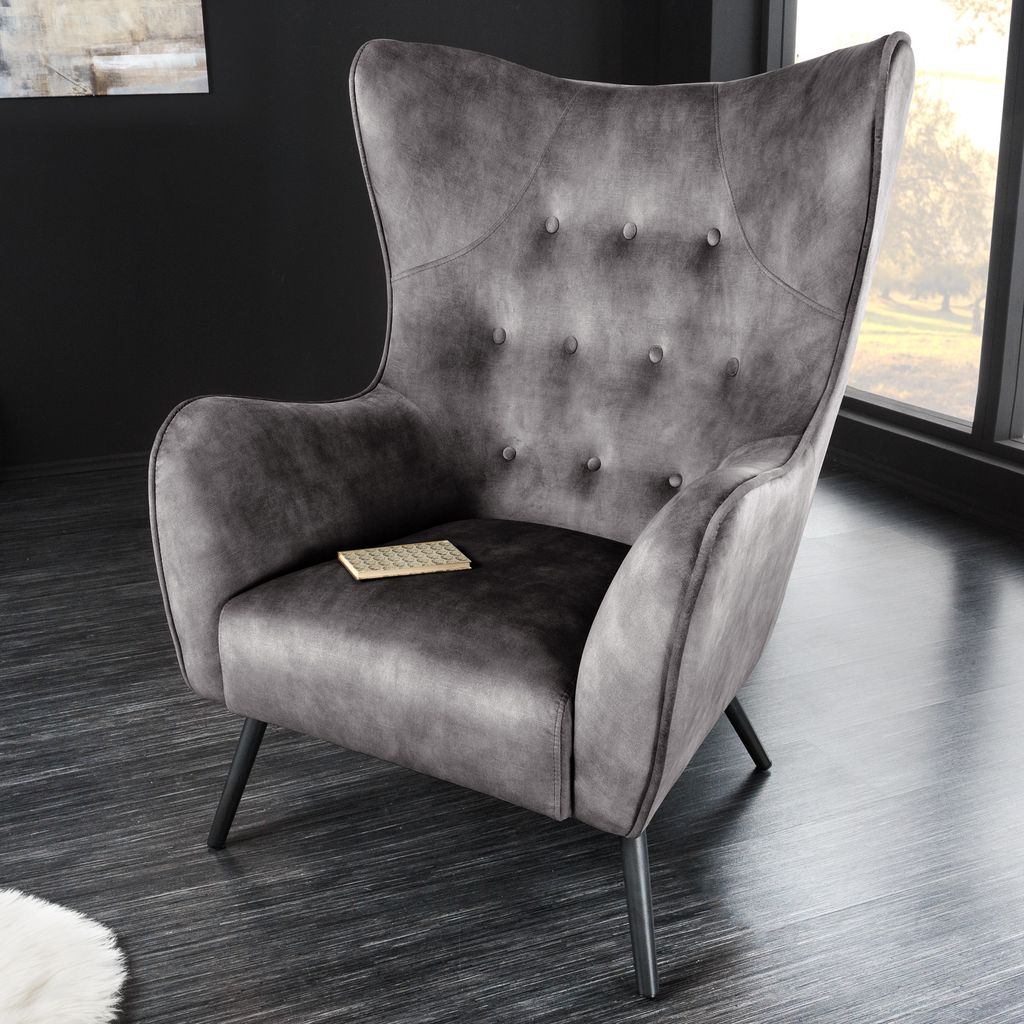Design XL Sessel AMSTERDAM grau Samt schwarze Metallbeine Retro Stil Relaxsessel Lesesessel