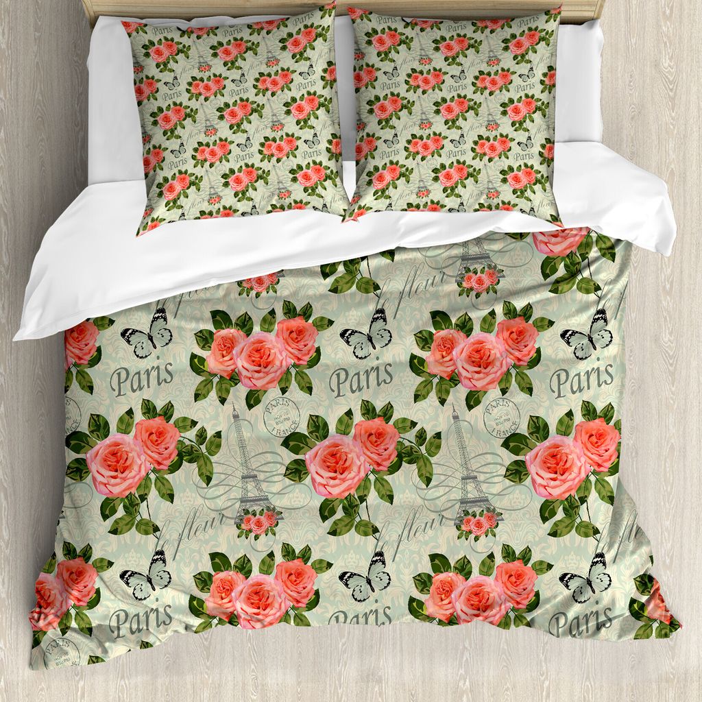 ABAKUHAUS Romantisch Bettbezugs Set Für Doppelbetten, Pariser Themen Blumen, Milbensicher Allergiker geeignet mit Kissenbezügen, Lachs und Grün