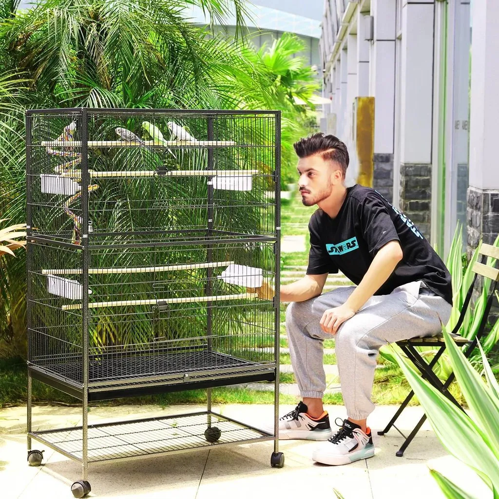 Cage Volière pour Oiseaux et Perroquets avec Roulettes et Perchoirs