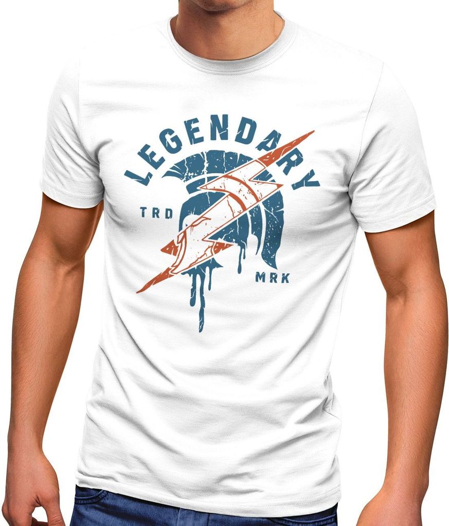 Neverless Herren T-Shirt Sparta Schrift Legendary Spartan Helmet Lightning Flash Blitz Fashion Streetstyle weiß 4XL